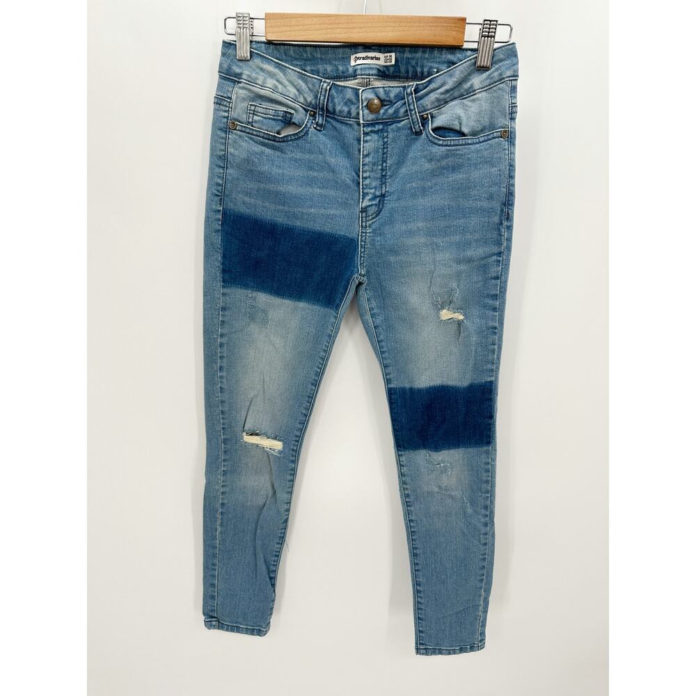 Stradivarius Blue Denim Patchwork Distressed Skinny Jeans Women's Size 6